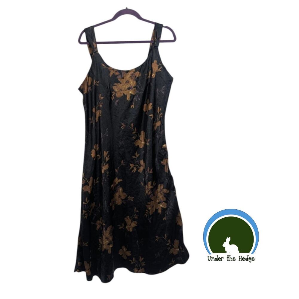 Vtg Carolina Bay Black Floral Long Slip Dress XL Whimsigoth Dark Feminine P1